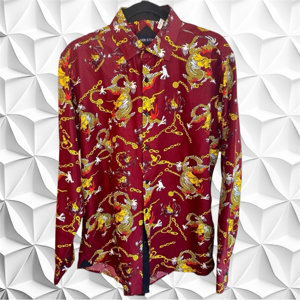 Men’s Burgundy Dragon/Chains Long Sleeve Dress Shirt